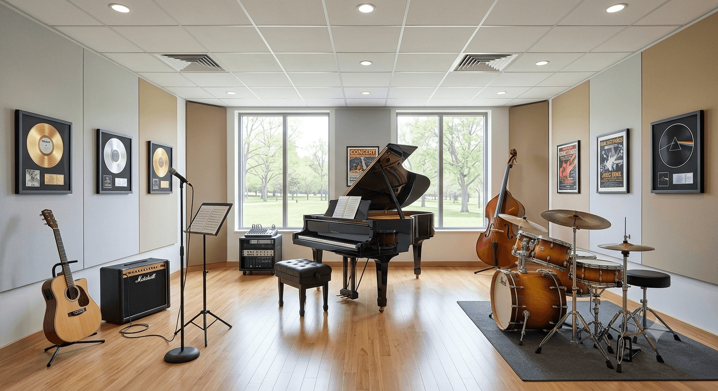 Barışçı Sanat Akademi'nin enstrümanlarla donatılmış ferah müzik salonu